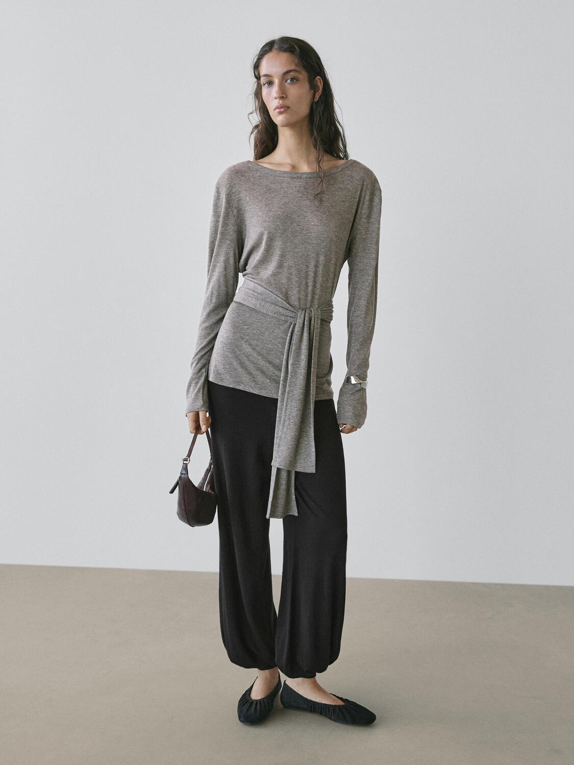 

Футболка с завязками Massimo Dutti, grey marl, Серый, Футболка с завязками Massimo Dutti, grey marl