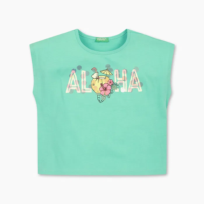 Детская футболка с графическим принтом "Алоха" мятного цвета от Benetton Kids
