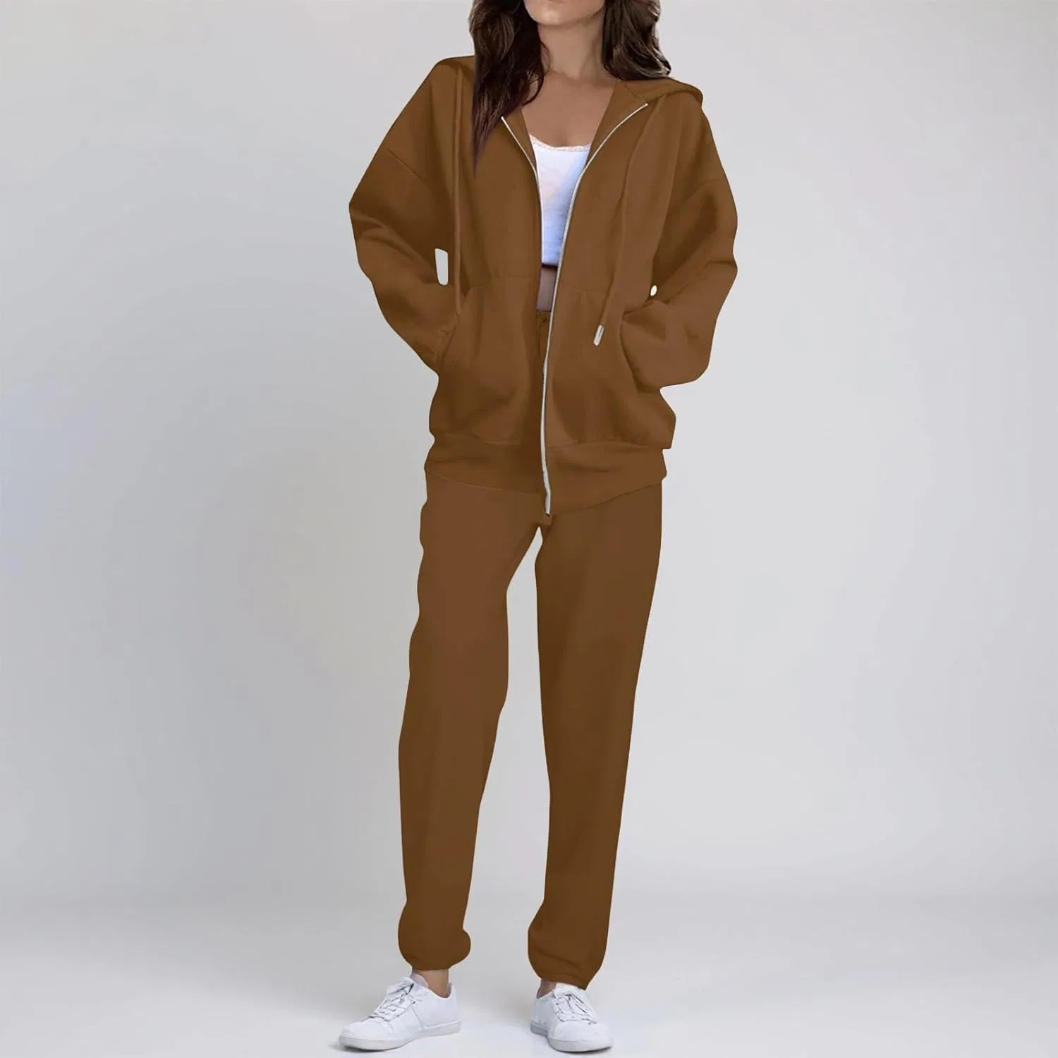 Женский спортивный костюм Sweatsuits, комплект из двух предметов: куртка на молнии, удобные спортивные штаны, флисовая толстовка с капюшоном и спортивные брюки в едином стиле — фото 2
