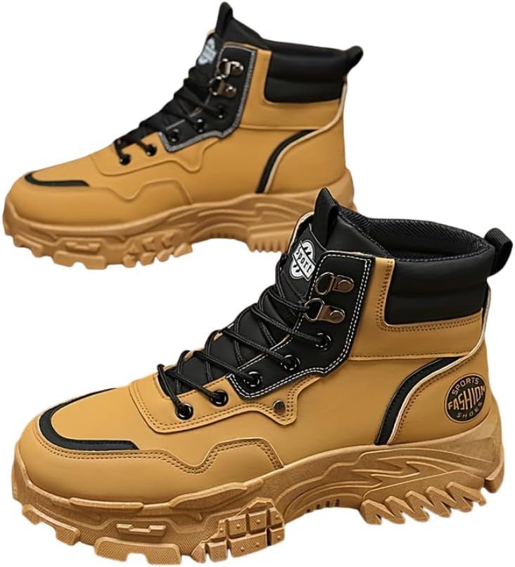 

Высокие туристические ботинки из ПУ-кожи для мужчин, спортивные черные мотоциклетные ботинки, повседневные туфли с круглым носком на шнуровке, универсальная посадка для весны/осени, всесезонные Hhhchpm