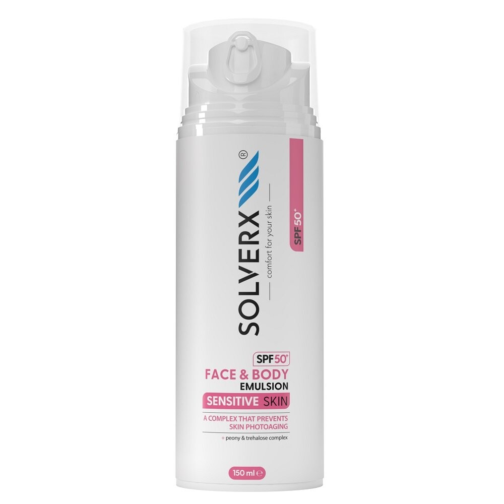 

SOLVERX, Sensitive Skin, Защитная эмульсия для лица и тела SPF50+, 150мл