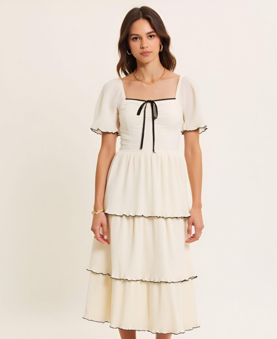 

Женское миди-платье с многоярусными рукавами-воланами Modenaire, Ivory/black