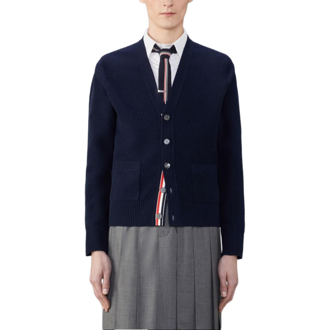 

Стираный вязаный кардиган с отделкой стежком THOM BROWNE, Морской синий