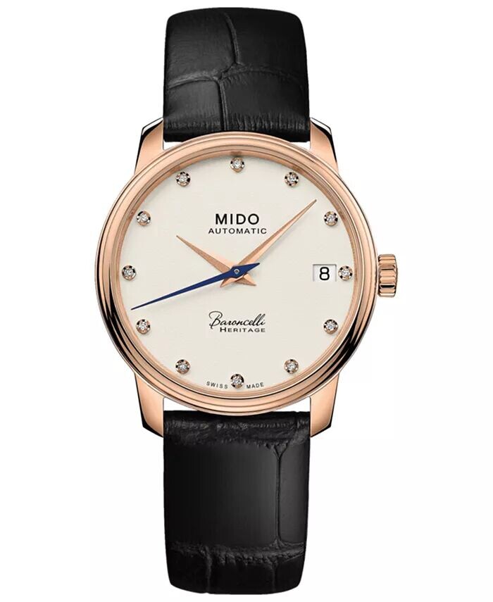 

Женские швейцарские автоматические часы Baroncelli III Heritage Diamond (1/10 карата) с черным кожаным ремешком, 33 мм Mido, слоновая кость