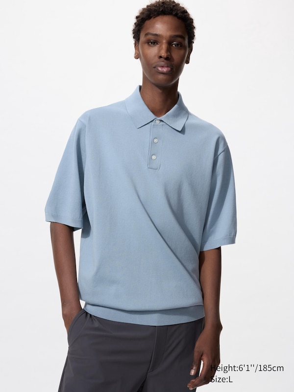 

Стирающийся трикотажный джемпер-поло (короткий рукав) Uniqlo, синий