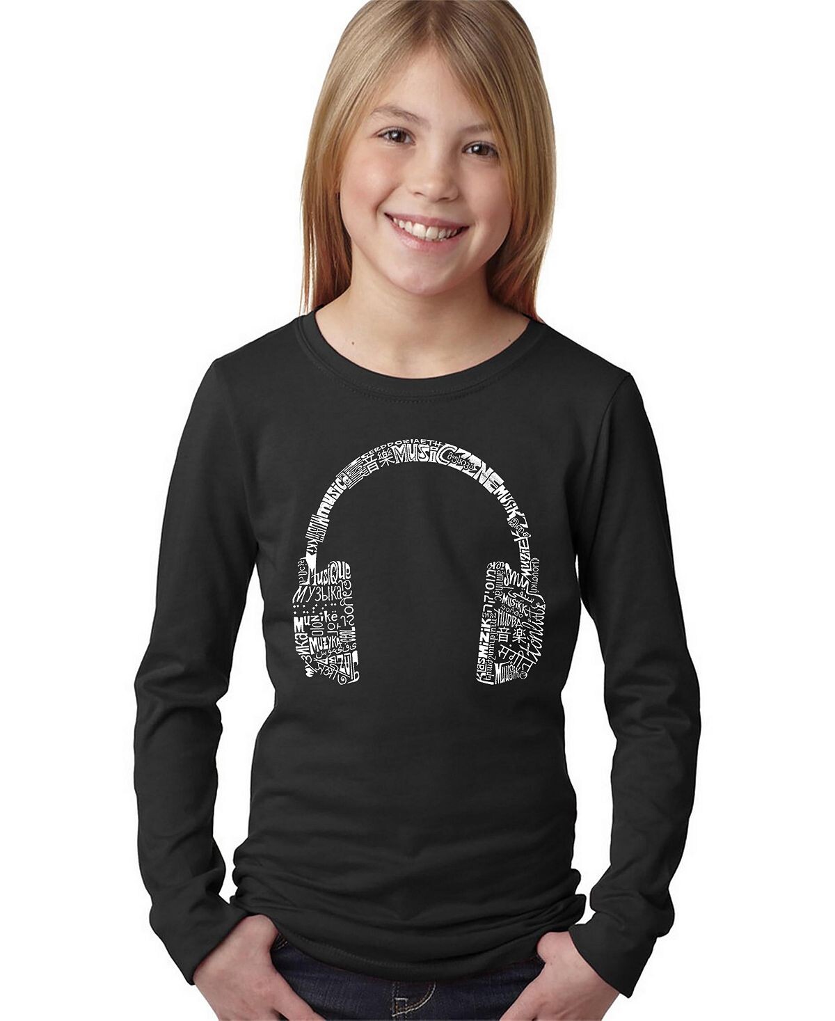 

Лонгслив Big Girl's Word Art — НАУШНИКИ — ЯЗЫКИ LA Pop Art, черный