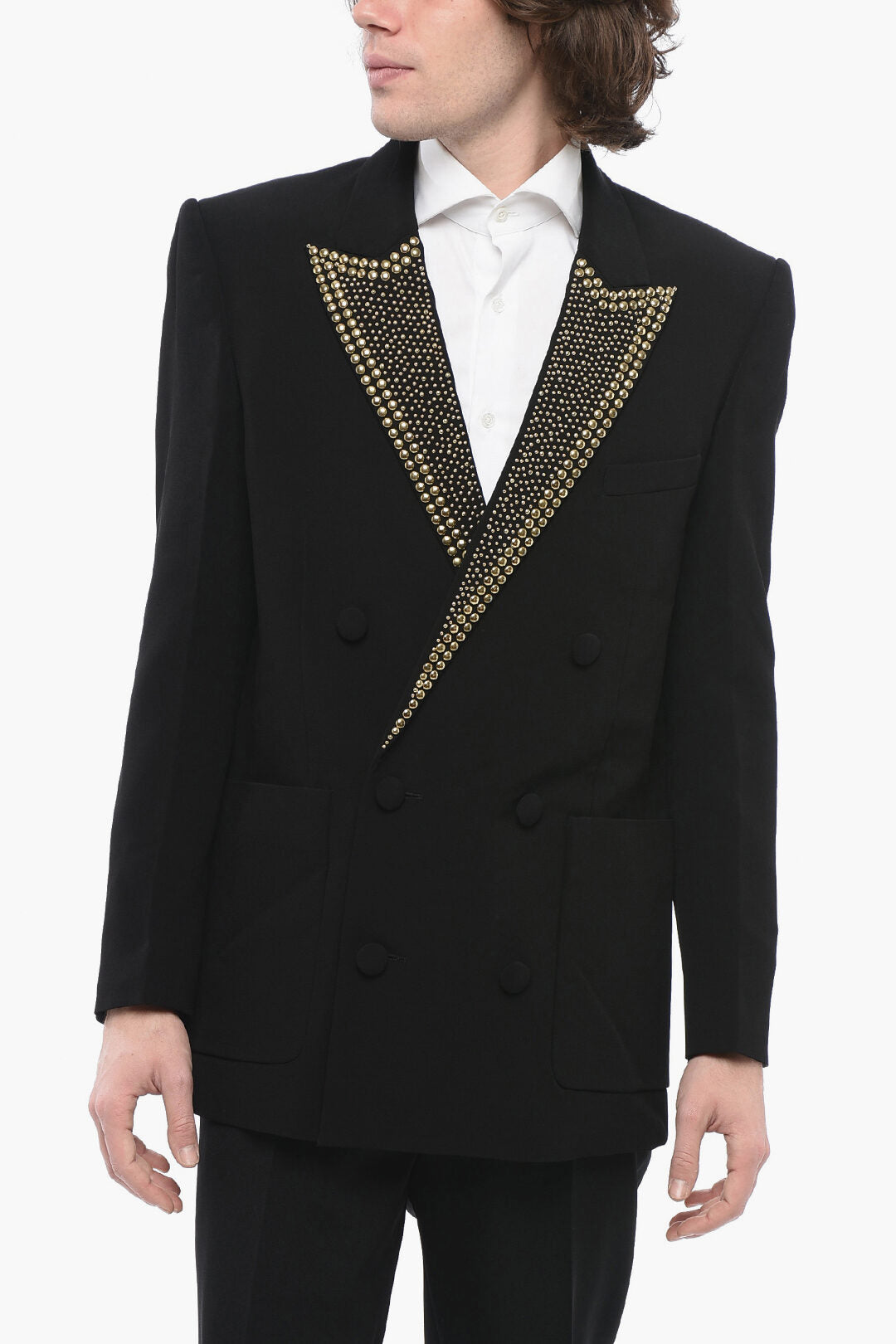 

Двубортный блейзер Balmain из вискозы с заклепками на лацканах, черный