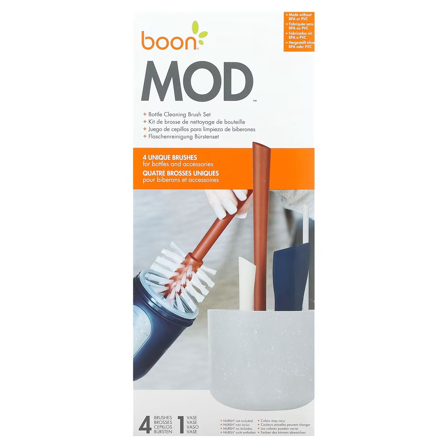 

Mod, Набор щеток для чистки бутылочек, 4 щетки и 1 ваза Boon