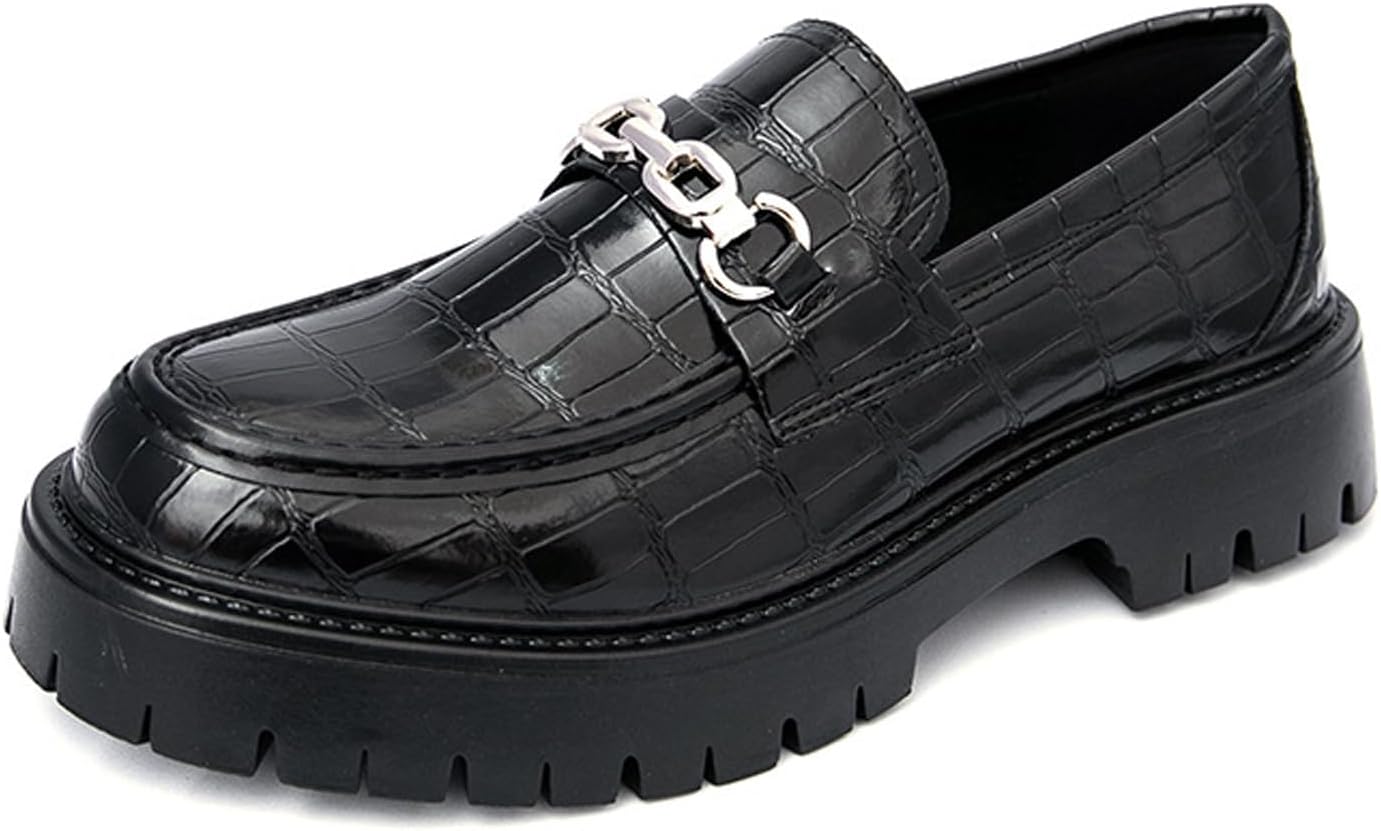 

Мужские кожаные лоферы с принтом на массивной платформе и каблуке-блоке, с модной цепочкой, противоскользящей ребристой подошвой, повседневные пенни-лоферы, комфортные деловые слипоны для работы Mikazonne, черный