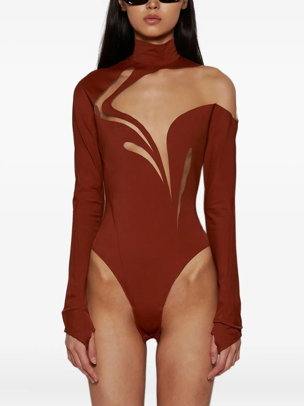 Боди с узором-завитком и высоким воротником Mugler, коричневый — фото 3