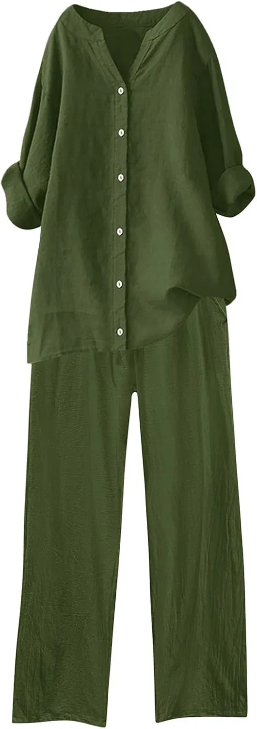 Женский костюм из льняной ткани, рубашка и брюки, Army Green — фото 3