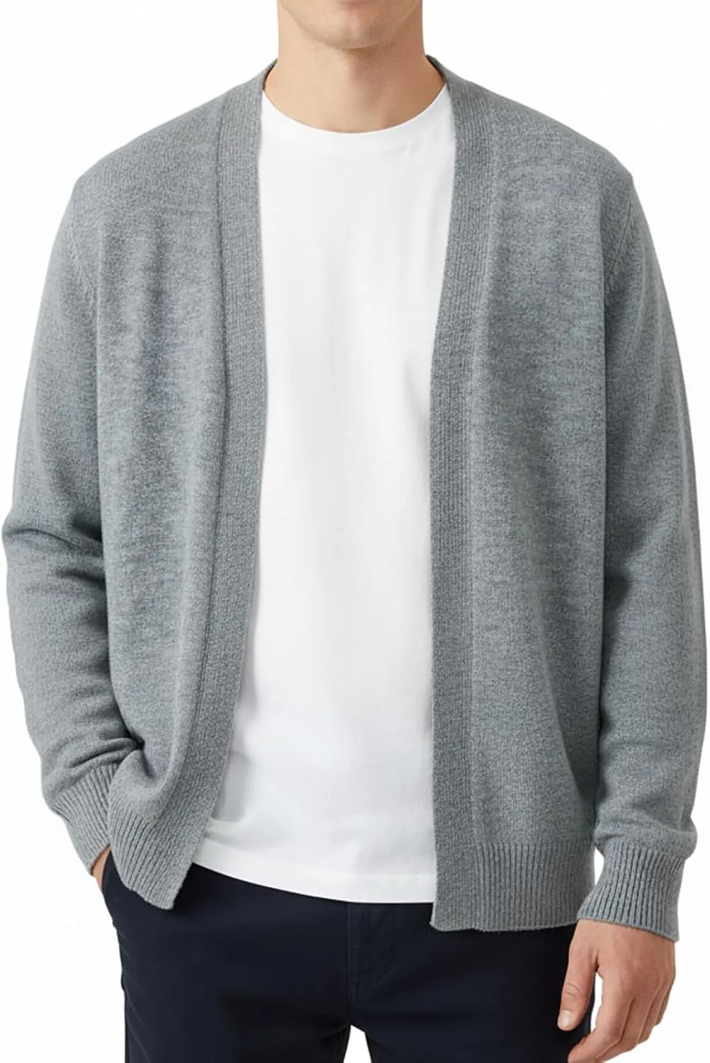 

Мужской кардиган с открытой передней частью — длинный рукав, 100% акрил, вязаный (Heather Grey) yoomens