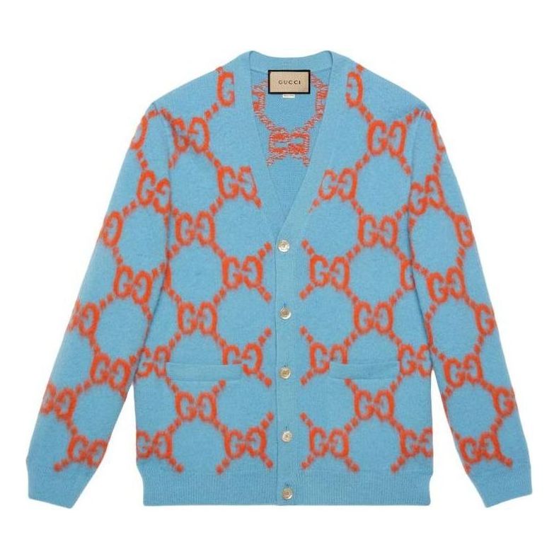

Кардиган Gucci Wool Cardigan With GG Intarsia 'Light Blue Orange' 764738-XKDPB-4001, синий