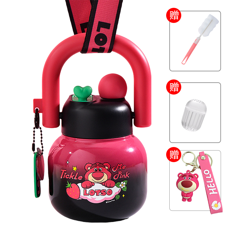 Детский термос-бутылка Strawberry Bear Disney «Big Belly Cup», Black Pink Lotso/ситечко + ершик + ремешок + подвеска