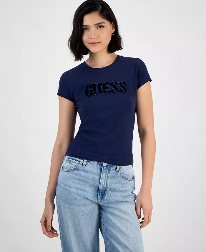 

Женский короткий топ с круглым вырезом и логотипом Bubble GUESS, розовый