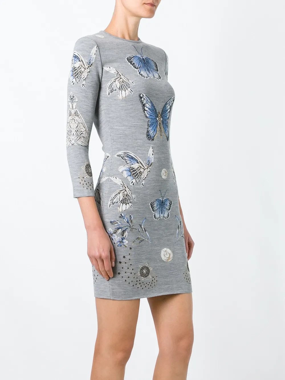 Жаккардовое трикотажное платье с принтом бабочек Alexander McQueen, серый — фото 3