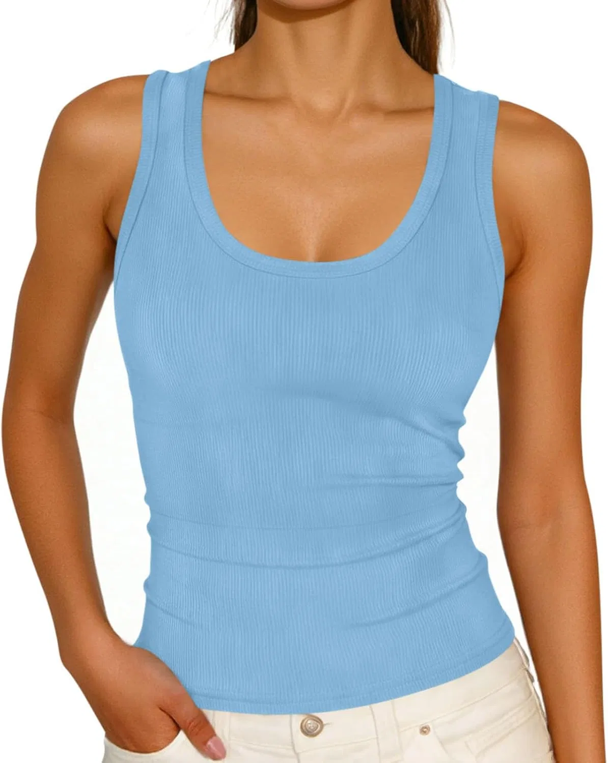 Женский топ с круглым вырезом, без рукавов, ребристый трикотаж, Light Blue