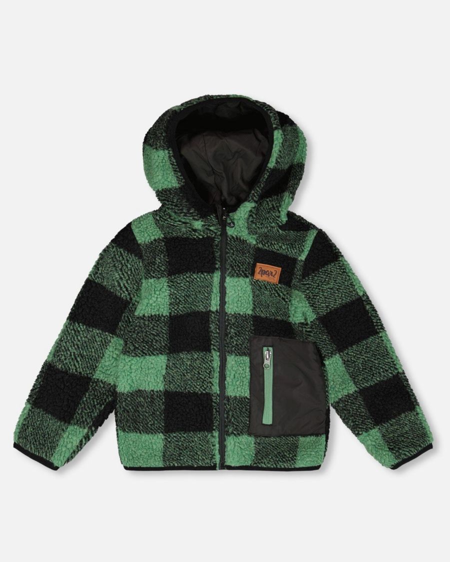 

Детская двусторонняя куртка унисекс из искусственного меха бирюзового цвета в клетку для межсезонья - для малышей и детей Deux par Deux, Teal