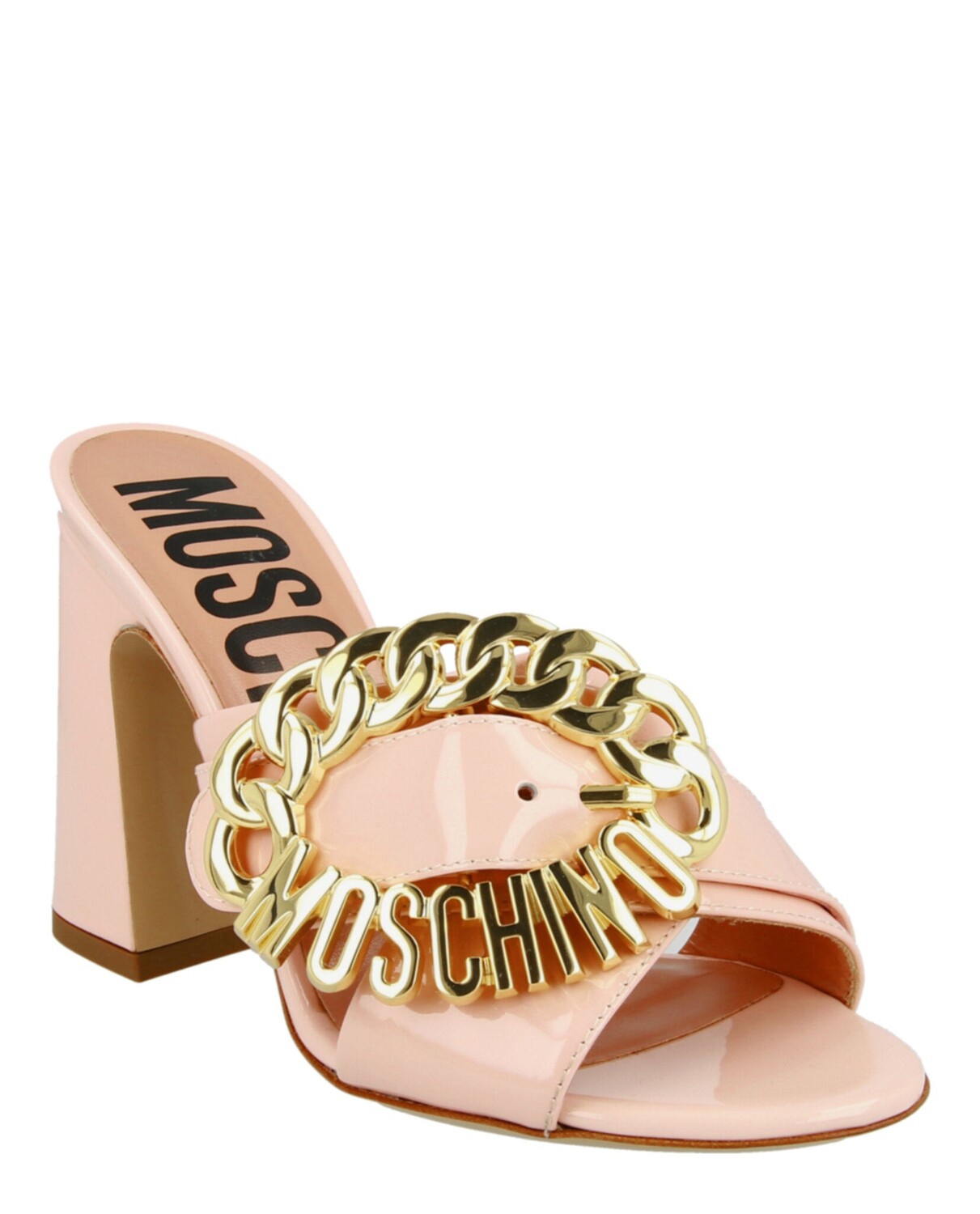 

Босоножки на каблуке с пряжкой с логотипом Moschino, розовый