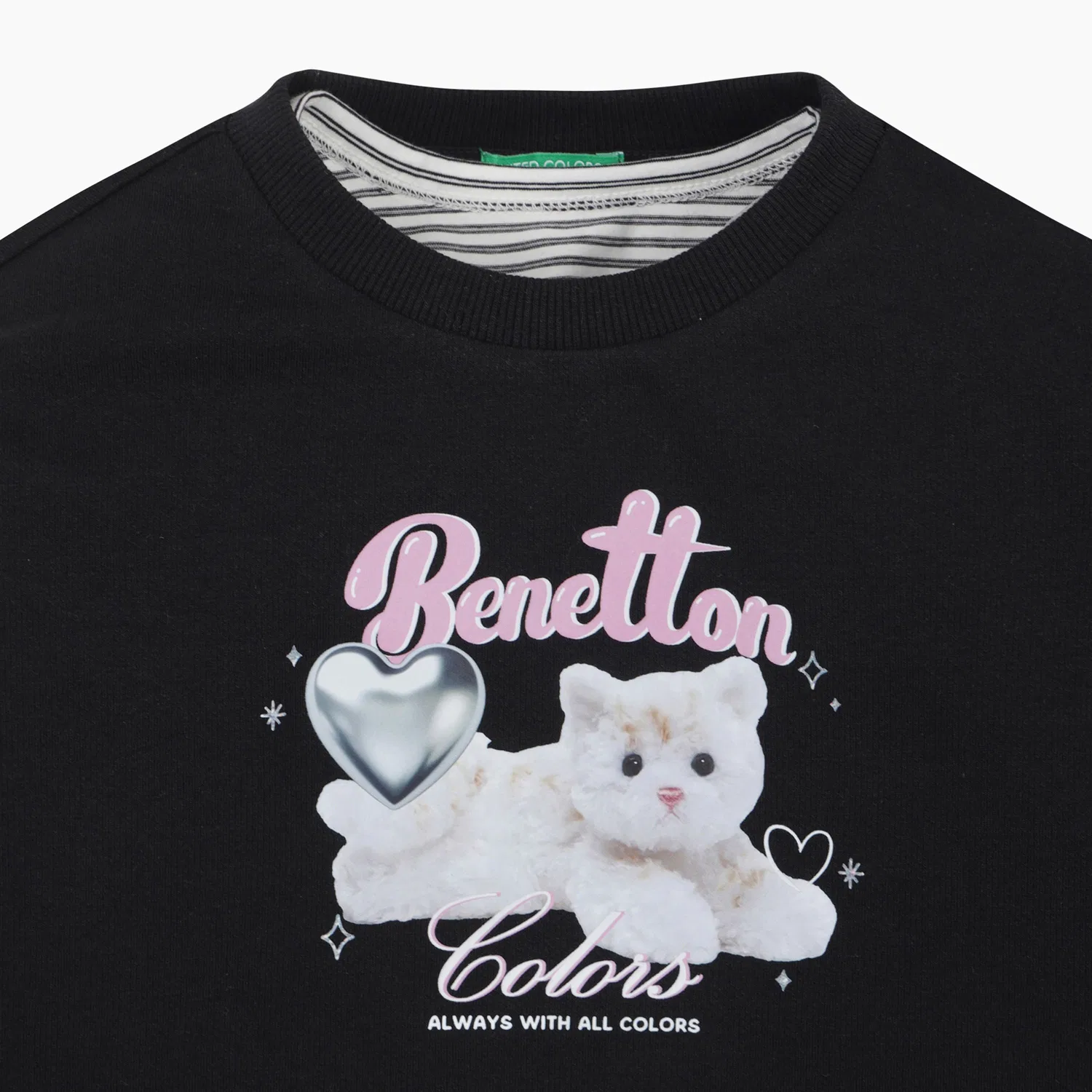 Детский свитшот Heart Cat Layered, чёрный, от Benetton Kids — фото 3