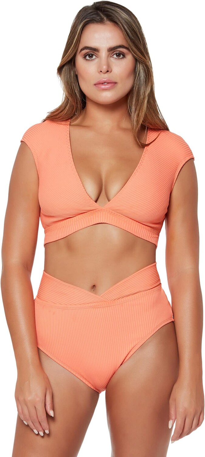 

Купальный топ Bleu Rod Beattie Walk The Line Cap Sleeve Crop Top, цвет Coral Chic