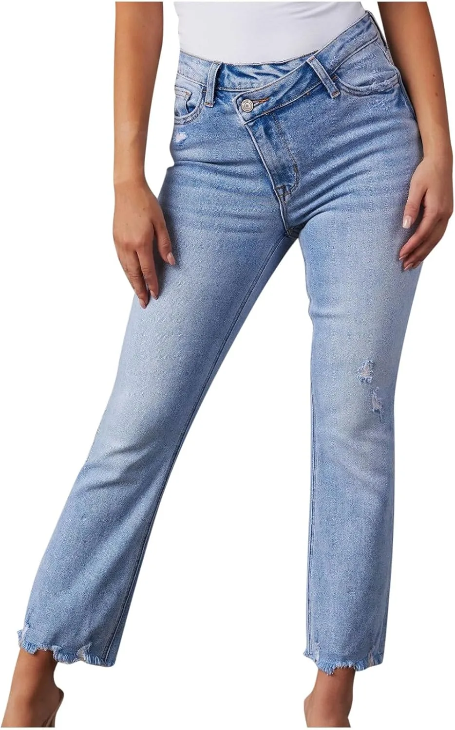 

Джинсы Capri для женщин с формами Raw Hem High Rise Distressed Bootcut FZYLQY