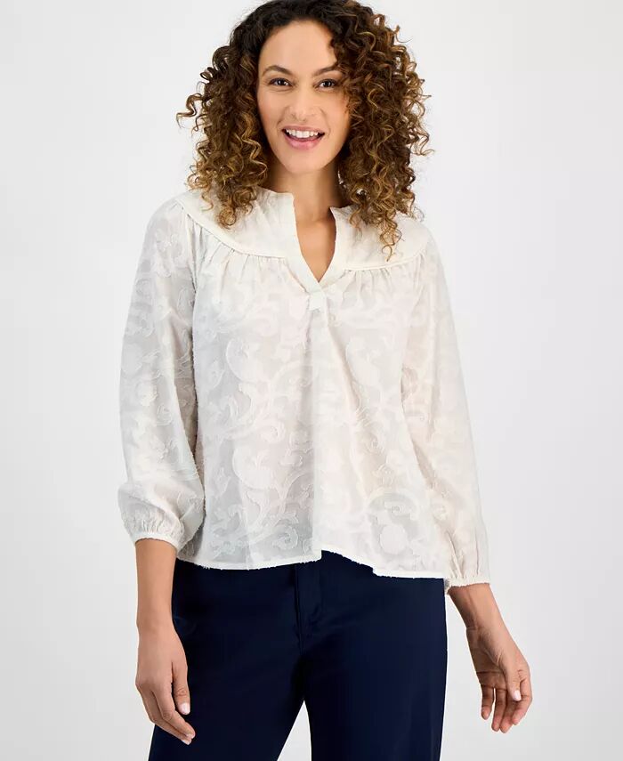 

Миниатюрный хлопковый топ с разрезом на горловине и рукавами 3/4 Style & Co, коричневый/бежевый