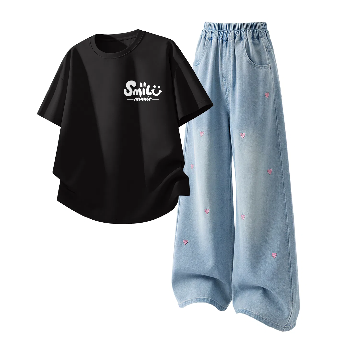 Детская повседневная спортивная футболка с круглым вырезом Disney, Di B Letter Smile N Black+Solid Color Denim Light Blue