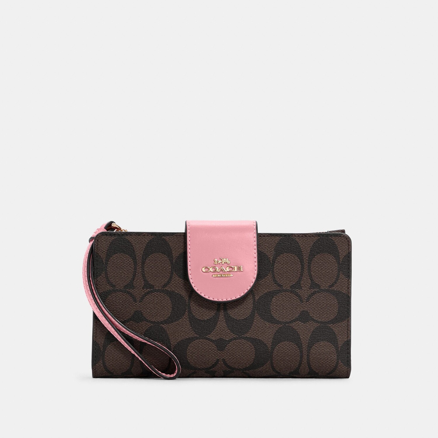 

Кошелек для телефона Coach Outlet Tech из канвы с цветными блоками и подписью, цвет Gold/Brown Shell Pink