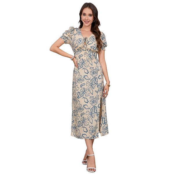 

Женское платье миди с цветочным принтом, регулируемое шнурком, V-образным вырезом и разрезом Hallih Burton, Apricot