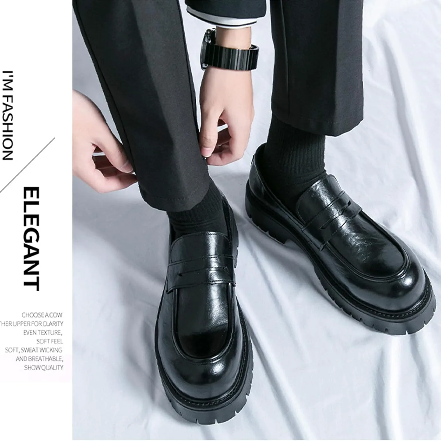 

Мужские удобные мягкие кожаные лоферы на платформе с массивной подошвой, модные деловые повседневные формальные рабочие туфли, ретро с круглыми носками, противоскользящей подошвой, без шнурков, пенни-лоферы Galonfulty, черный