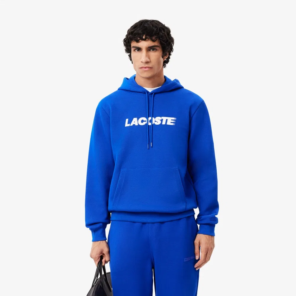 Мужская толстовка худи пуловер с надписью синяя от Lacoste