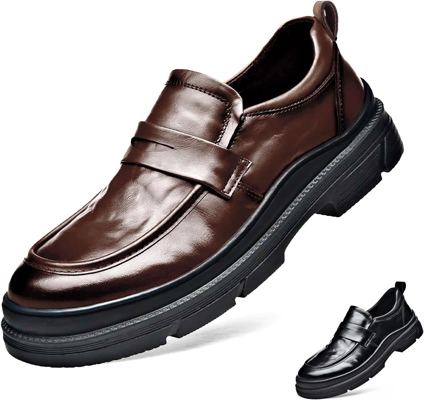 

Мужские лоферы с морщинистой кожей на платформе, модные с круглым носком, рифленой подошвой, низким массивным каблуком, без шнурков, деловые туфли, удобные, нескользящие, для работы и повседневной носки Oxneuhg, коричневый