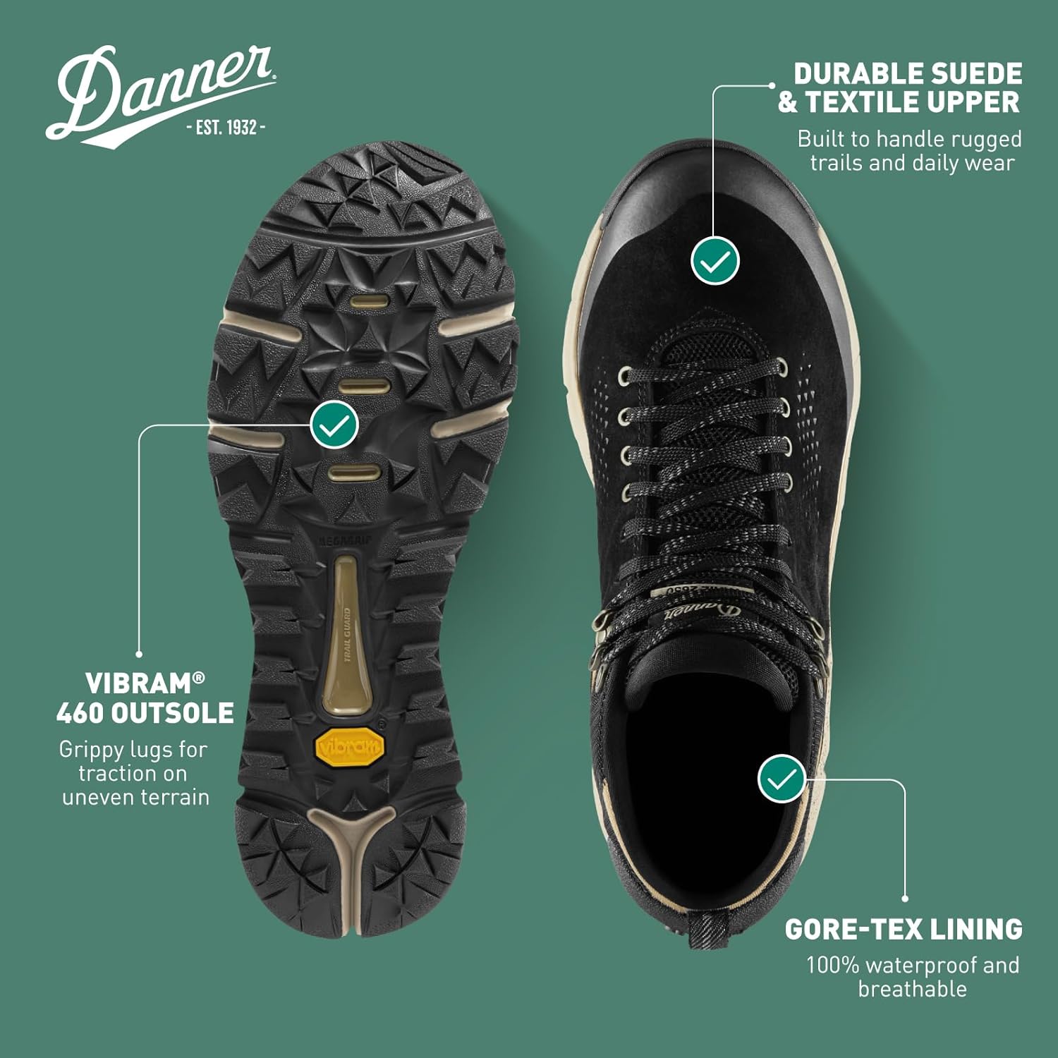 Мужские водонепроницаемые походные туфли Danner Trail 2650 Gore-Tex Mid 4" - верх из замши и текстиля с комфортной стелькой, системой поддержки пятки EXO и противоскользящей подошвой, черный/хаки — фото 4
