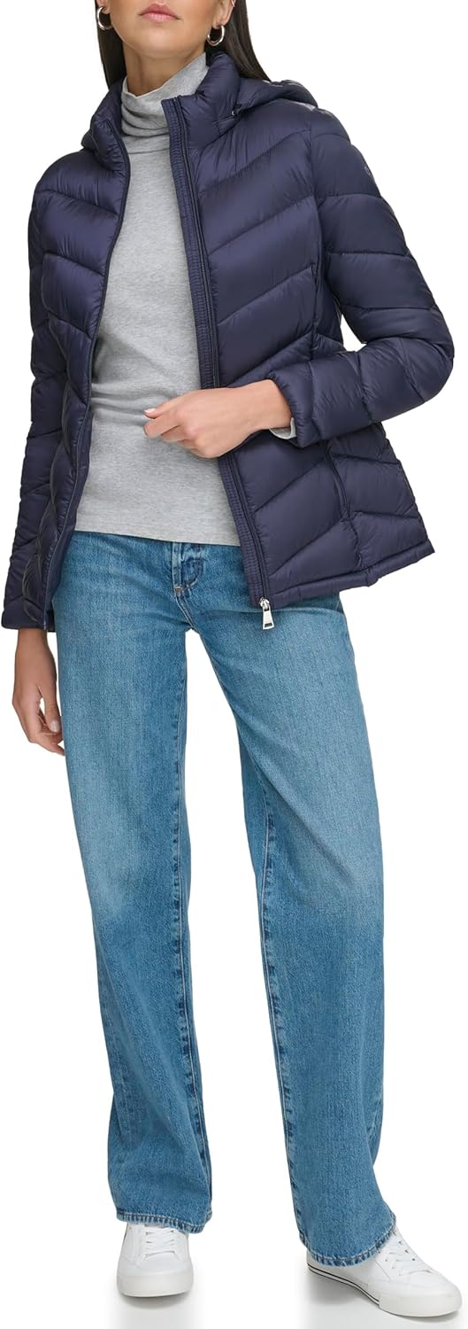 

Calvin Klein Женская классическая утепленная куртка с капюшоном на молнии, Light-weight Chevron Classic Blue