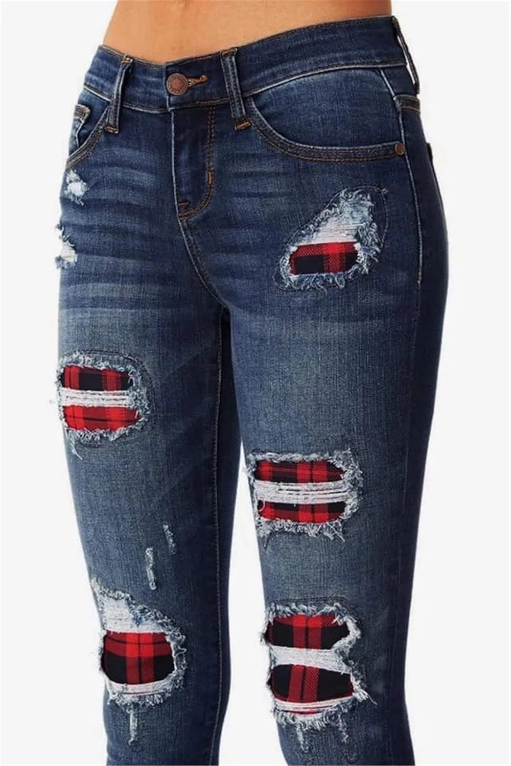 Andongnywell женские джинсы с дырками, distressed, slim fit, stretchy, с рваными отверстиями и клетчатыми заплатками — фото 4