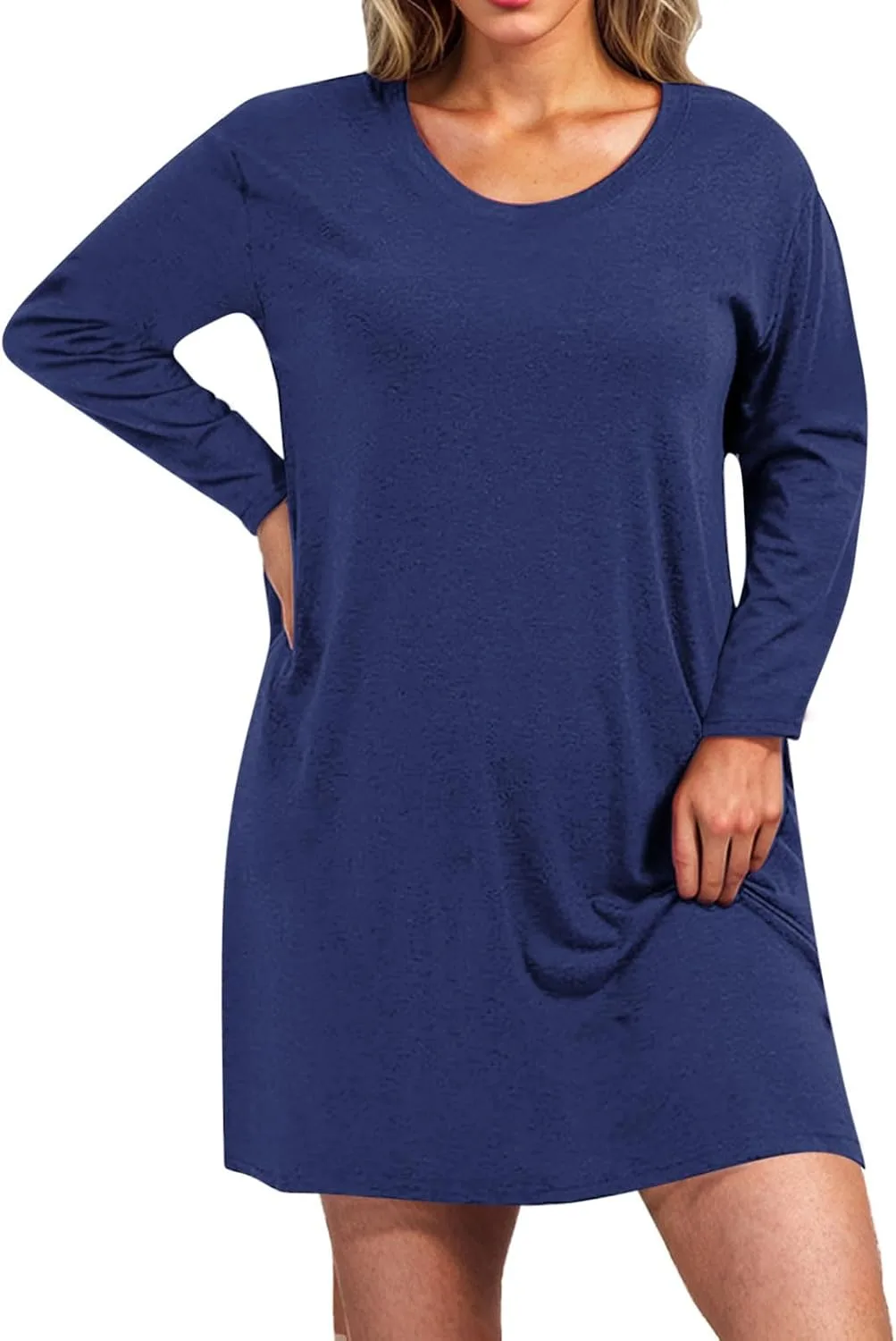 Футболка-платье для женщин Plus Size повседневное с длинным рукавом короткое платье осень-зима на каждый день свободного кроя Generic, синий — фото 2