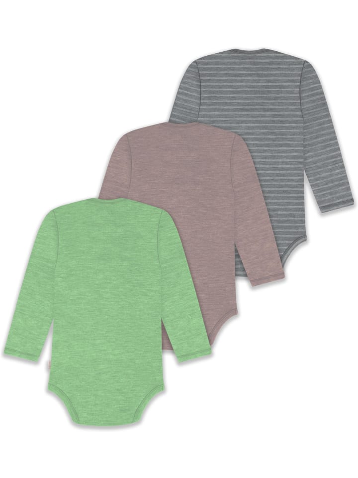 Normani Outdoor Sports Комплект из 3 детских боди с длинными рукавами из мериносовой шерсти, цвет Окленд, серый/розовый/зеленый — фото 2