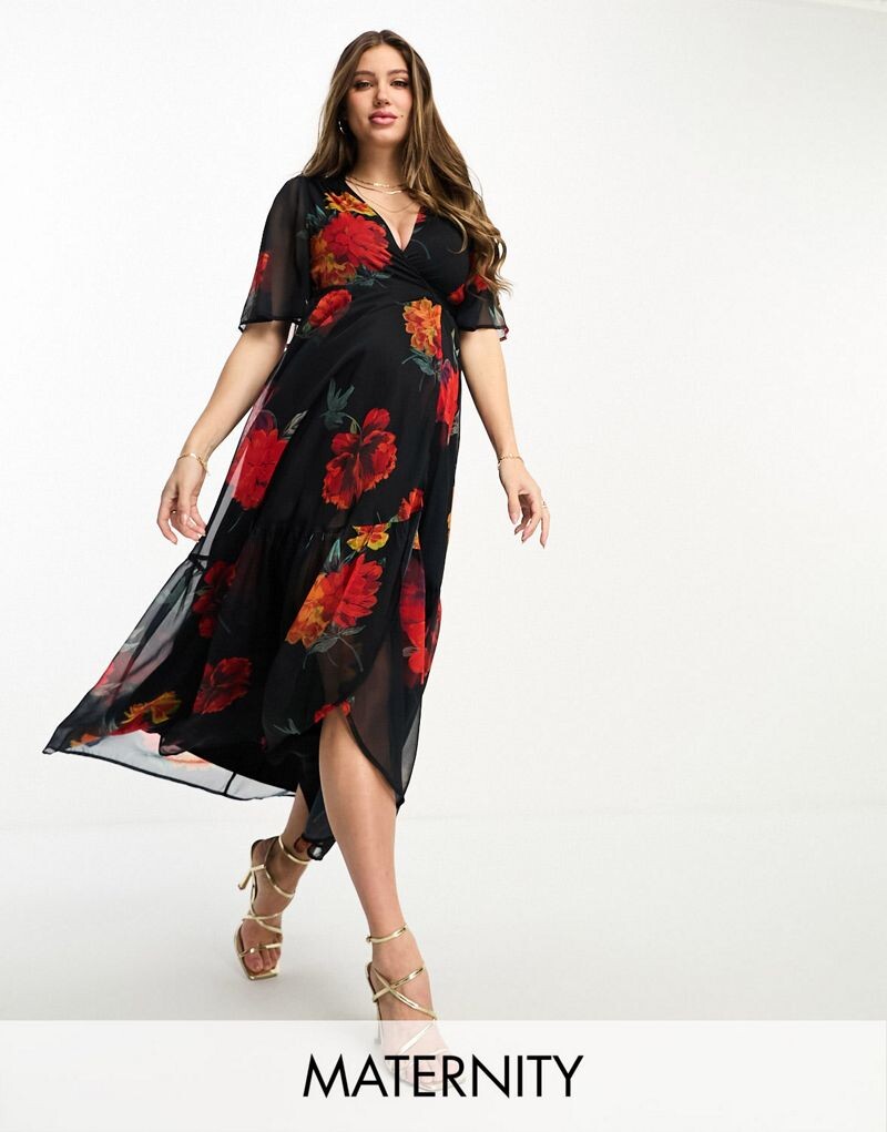 

Красное платье макси с оборками и запахом Hope & Ivy Maternity