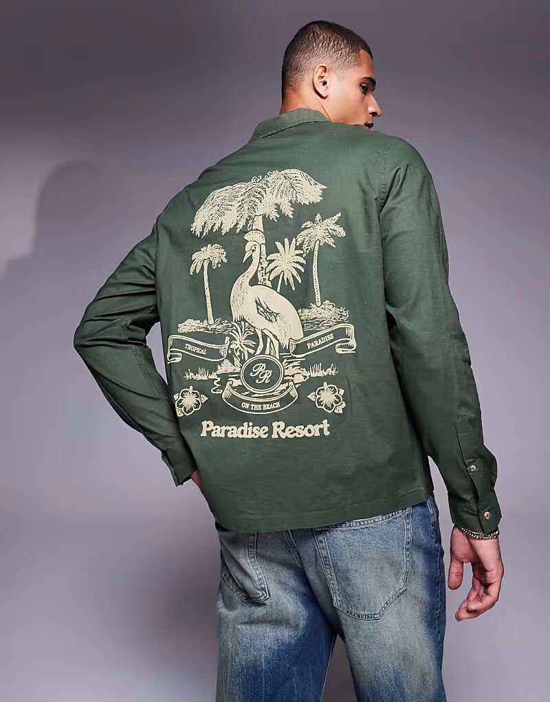 

Свободная рубашка Revere с принтом на спине зеленого цвета Asos Design