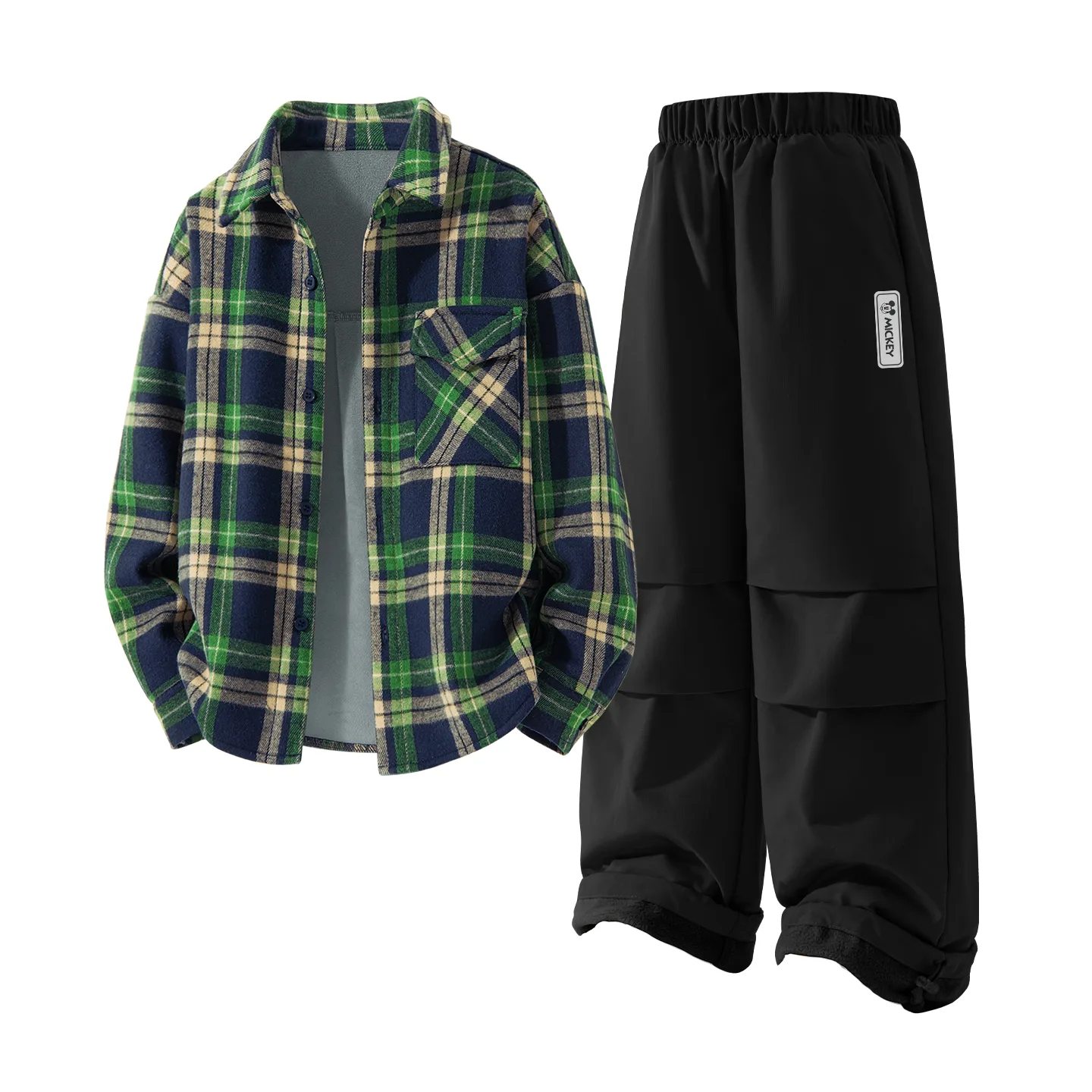 Детский спортивный костюм с воротником-стойкой на флисе Disney, [Thickened and Fleece-Lined]Solid Color Turquoise Grid+Mark H Square Hook-and-Loop K Black