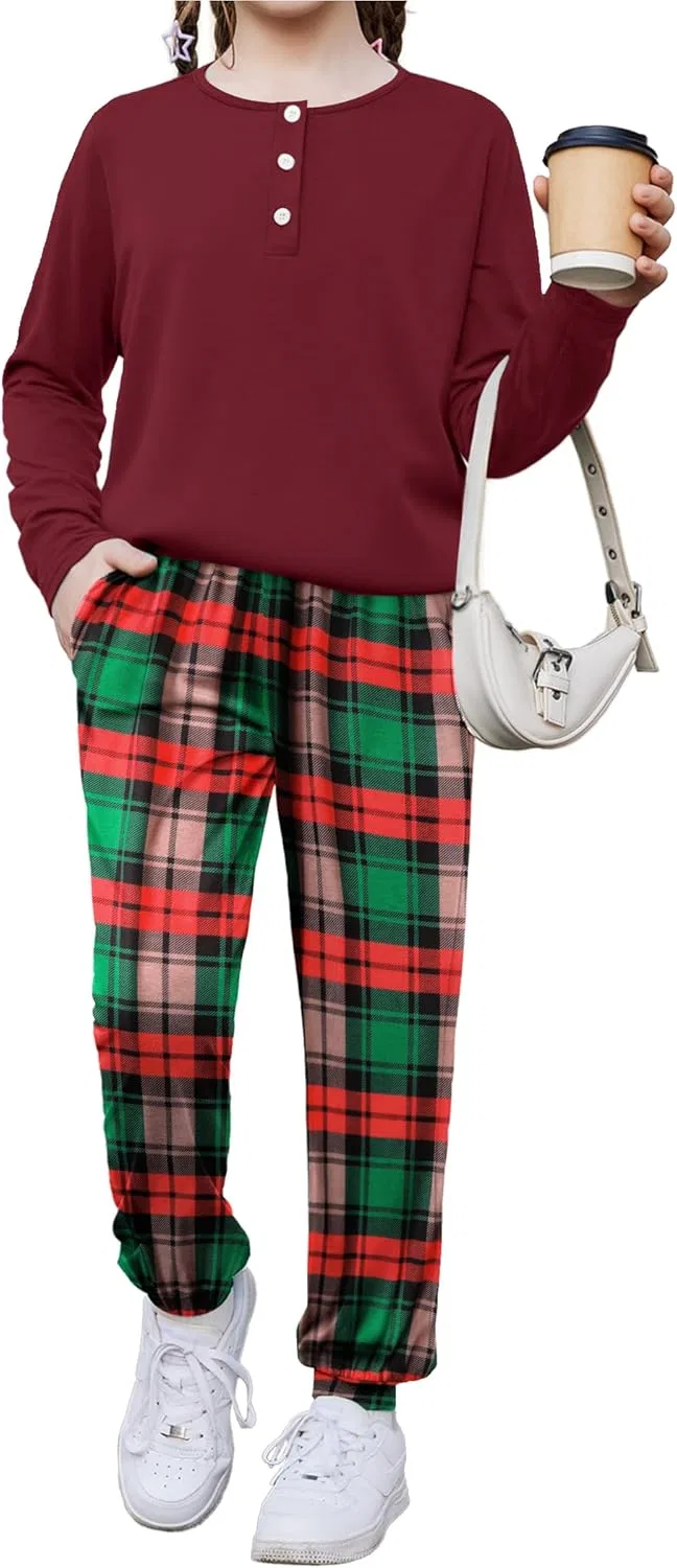 Детский спортивный костюм из топа и штанов с карманами Arshiner, Red & Green Plaid