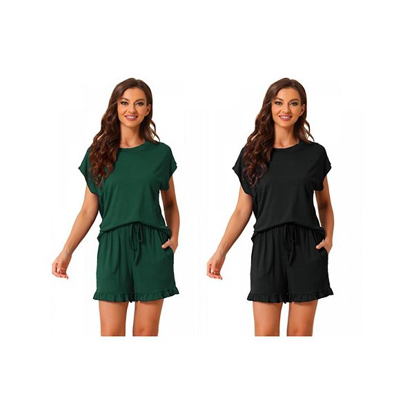 

2 комплекта женской пижамы с рюшами, летний комплект с короткими рукавами и шортами, мягкий домашний набор Inspire Chic, Black Green