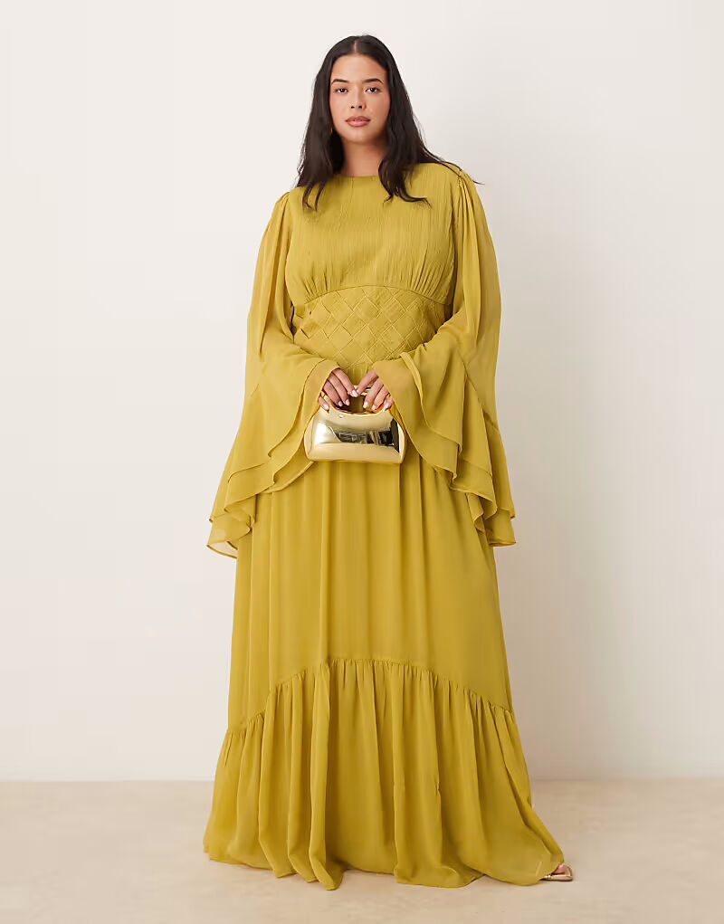 

Длинное шифоновое платье-макси ASOS DESIGN Curve с вышивкой крестиком на талии нежно-оливкового цвета ASOS Curve