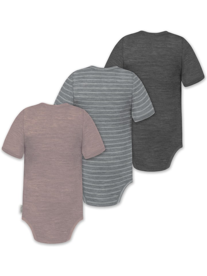 Normani Outdoor Sports Комплект из 3 унисекс комбинезонов-боди с короткими рукавами и пуговицами из мериносовой шерсти для младенцев, цвета антрацит/серый/розовый — фото 2
