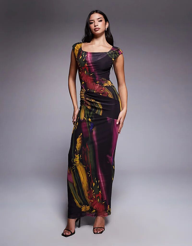 

Платье миди ASOS DESIGN с сетчатым принтом, капюшоном, драпировкой и подплечниками, с темным размытым цветочным принтом