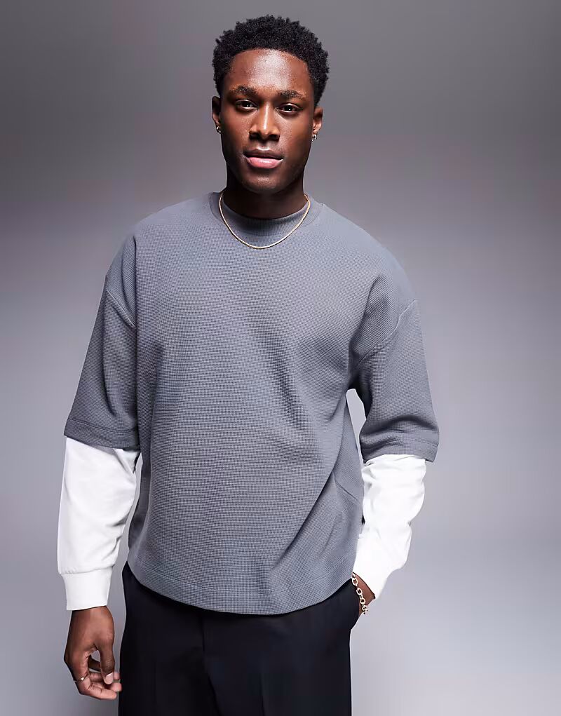 

Футболка свободного кроя с двойными рукавами ASOS DESIGN, антрацитового цвета
