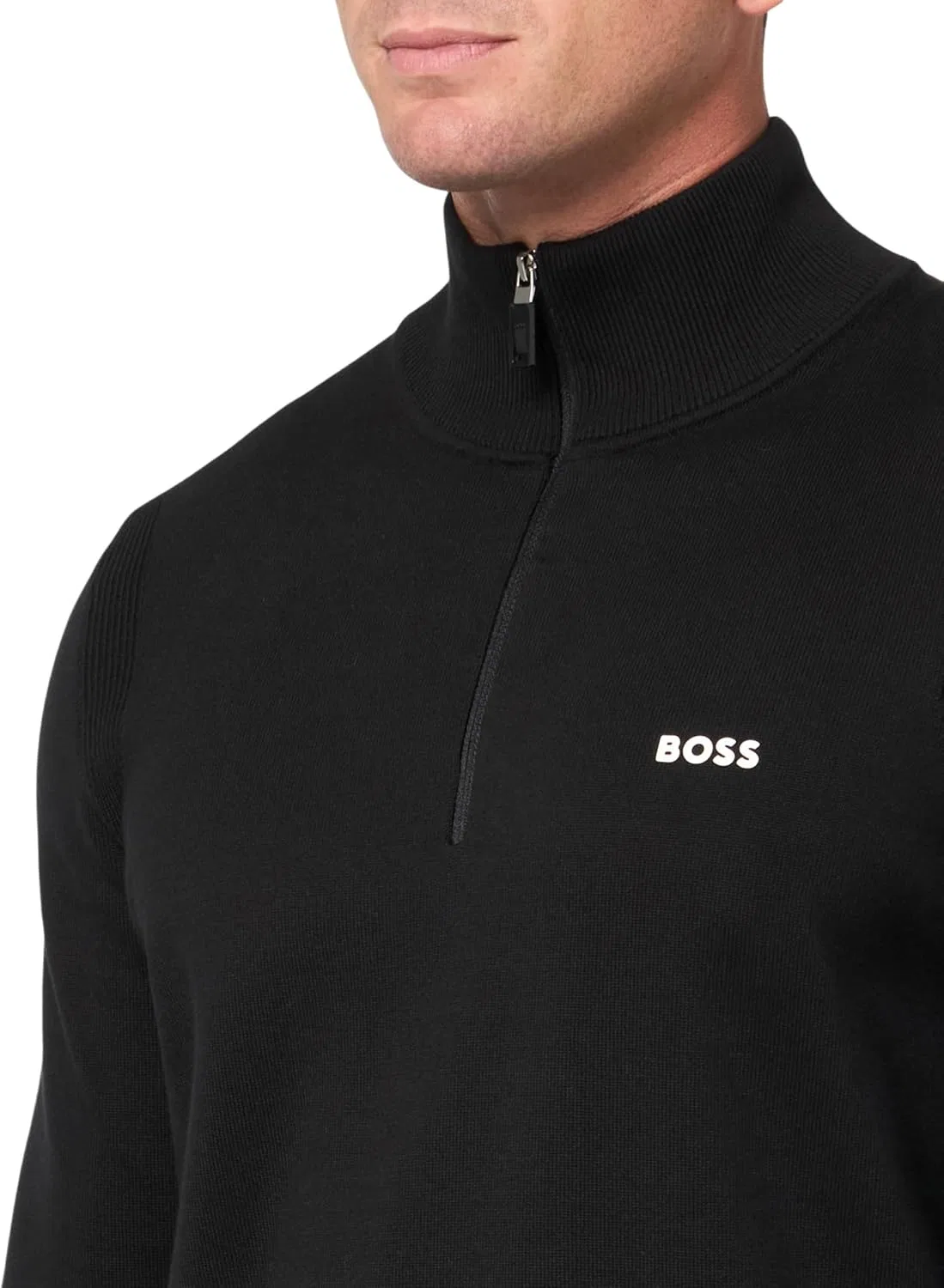 Мужской вязаный свитер BOSS Tech Flex из эластичного хлопка с застежкой-молнией до середины груди — фото 3