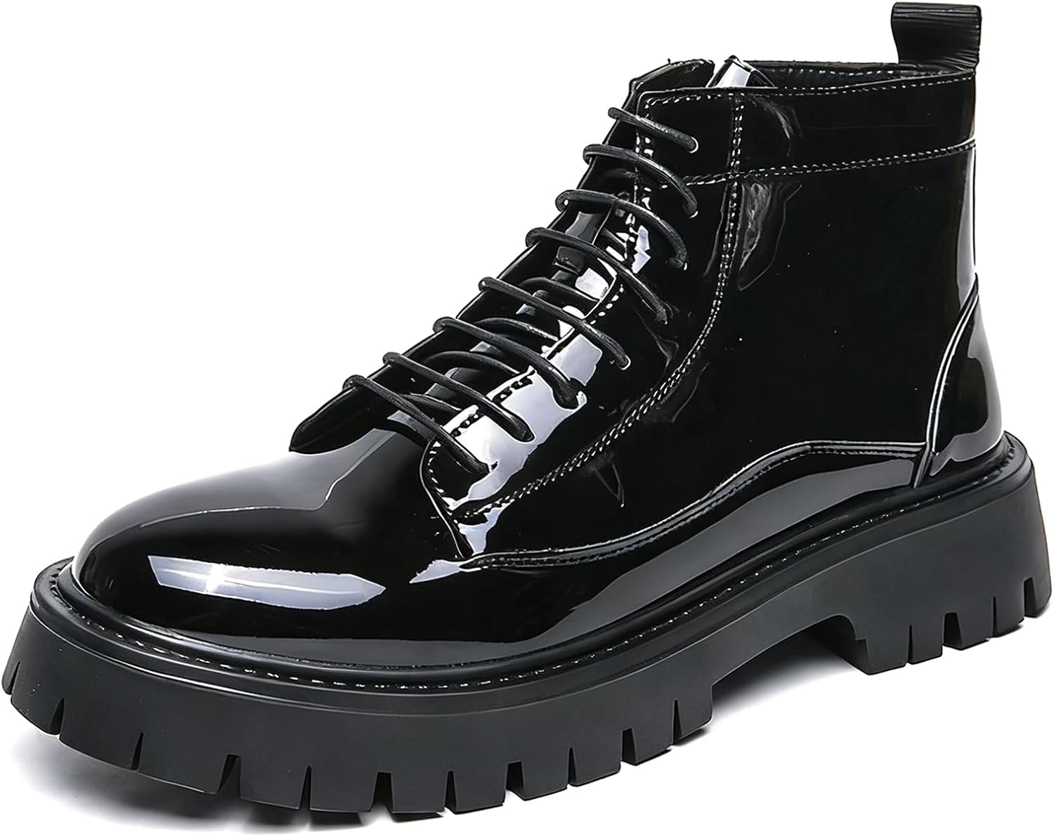

Черные короткие мужские ботинки на платформе из лакированной кожи с боковой молнией, тактические ботинки до щиколотки, удобные шнурованные с круглым носком, противоскользящие, для военной формы Bangteuo