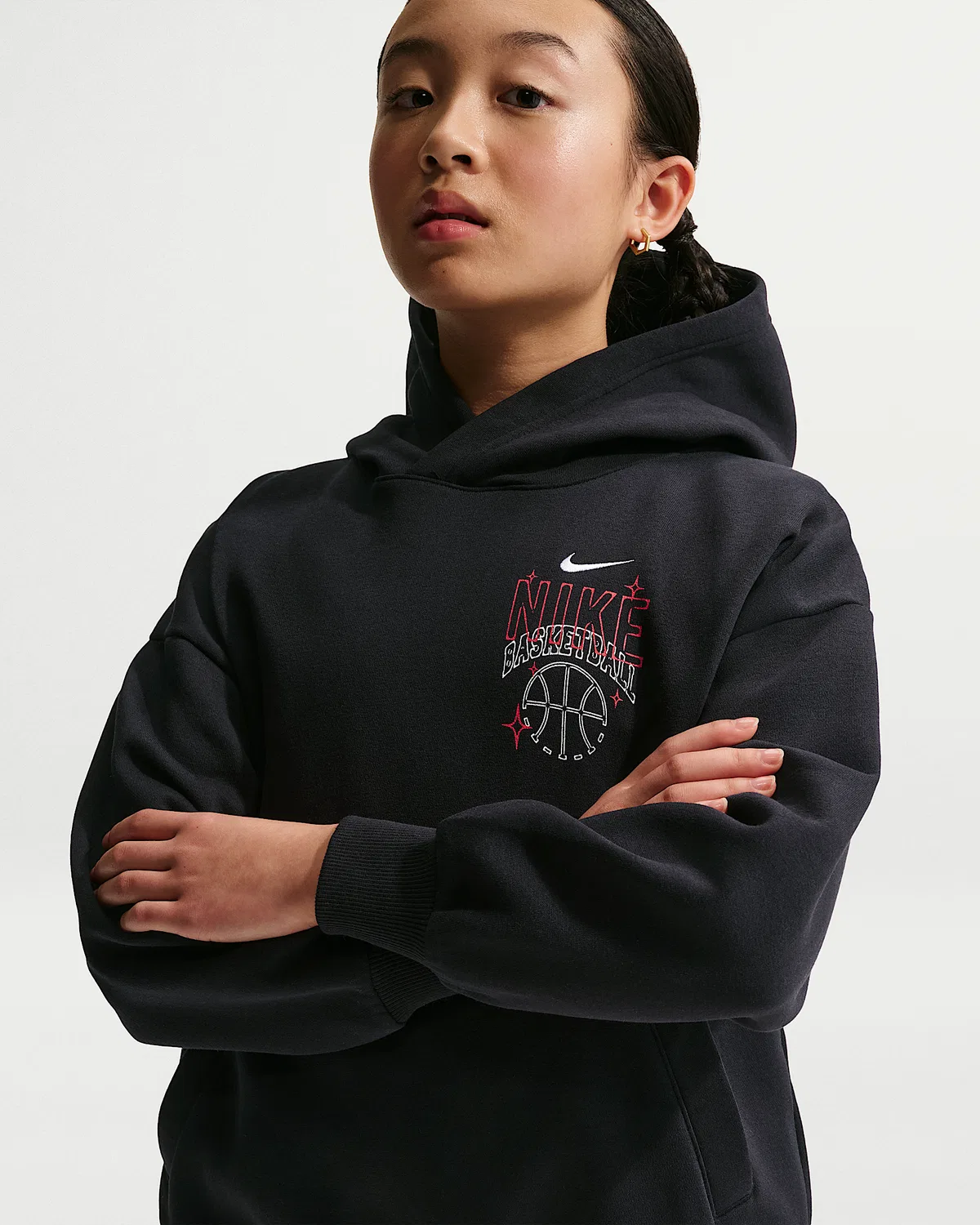 Детская оверсайз флисовая баскетбольная худи Nike Sportswear, Black/White — фото 2